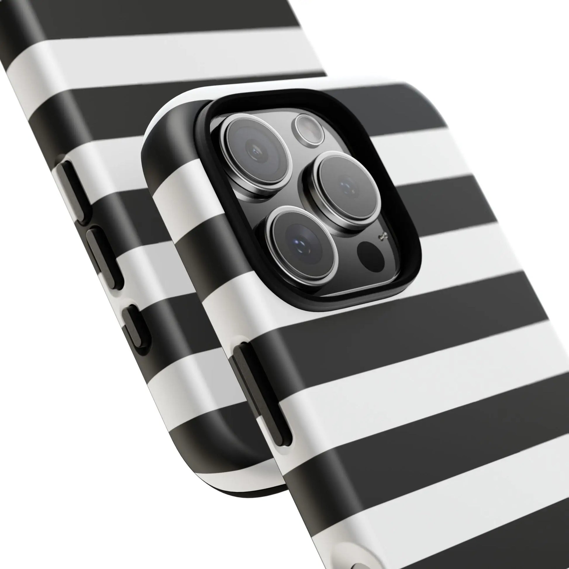 Black white stripe phone case showing back side with sleek modern design for iPhone Samsung S and Google Pixel phones