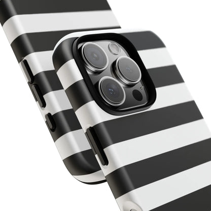 Black white stripe phone case showing back side with sleek modern design for iPhone Samsung S and Google Pixel phones