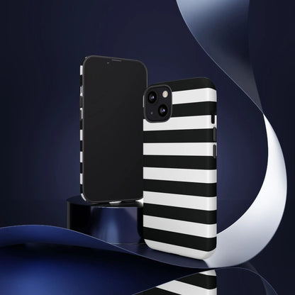 Back side of a black white stripe phone case with bold horizontal stripes for iPhone Samsung and Google Pixel phones