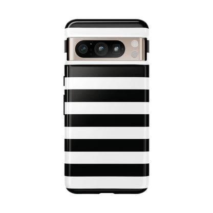 Black white stripe phone case for iphone samsung s and google pixel phones showing back side with sleek modern design