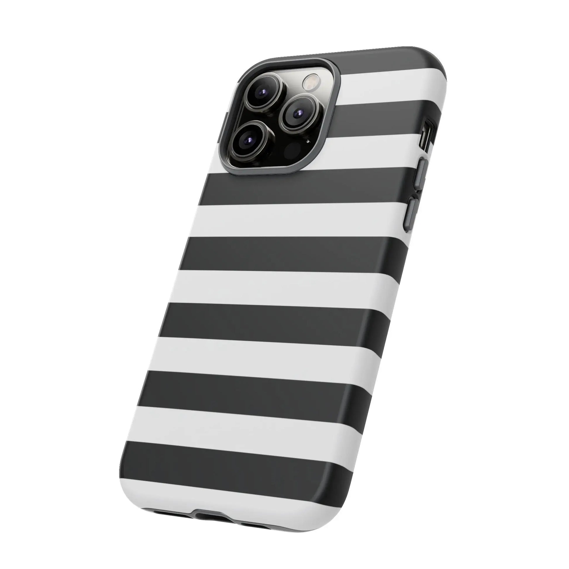 Black white stripe phone case with sleek modern design shown from the back for iPhone Samsung and Google Pixel phones