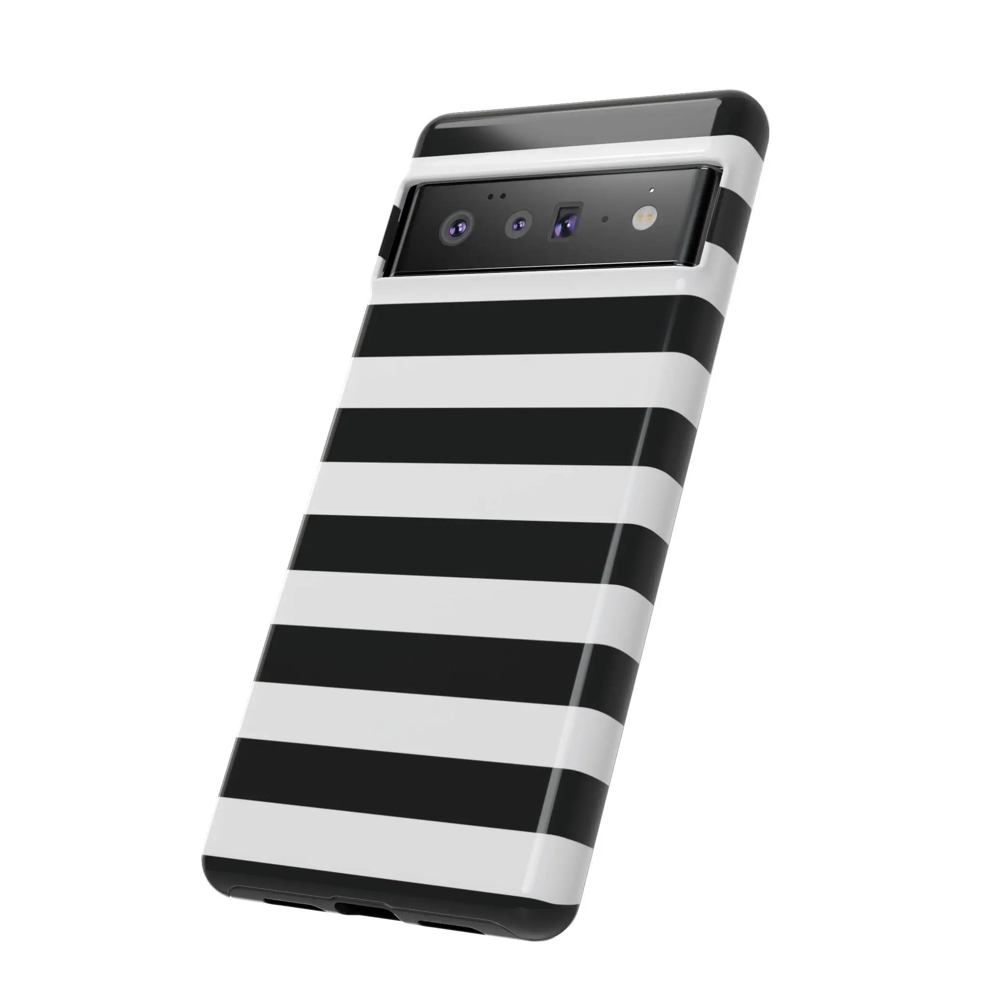 Black white stripe phone case with glossy finish shown from the back for iphone samsung s google pixel phones