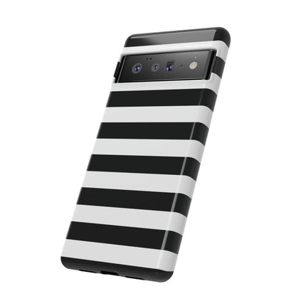 Black white stripe phone case with glossy finish shown from the back for iphone samsung s google pixel phones
