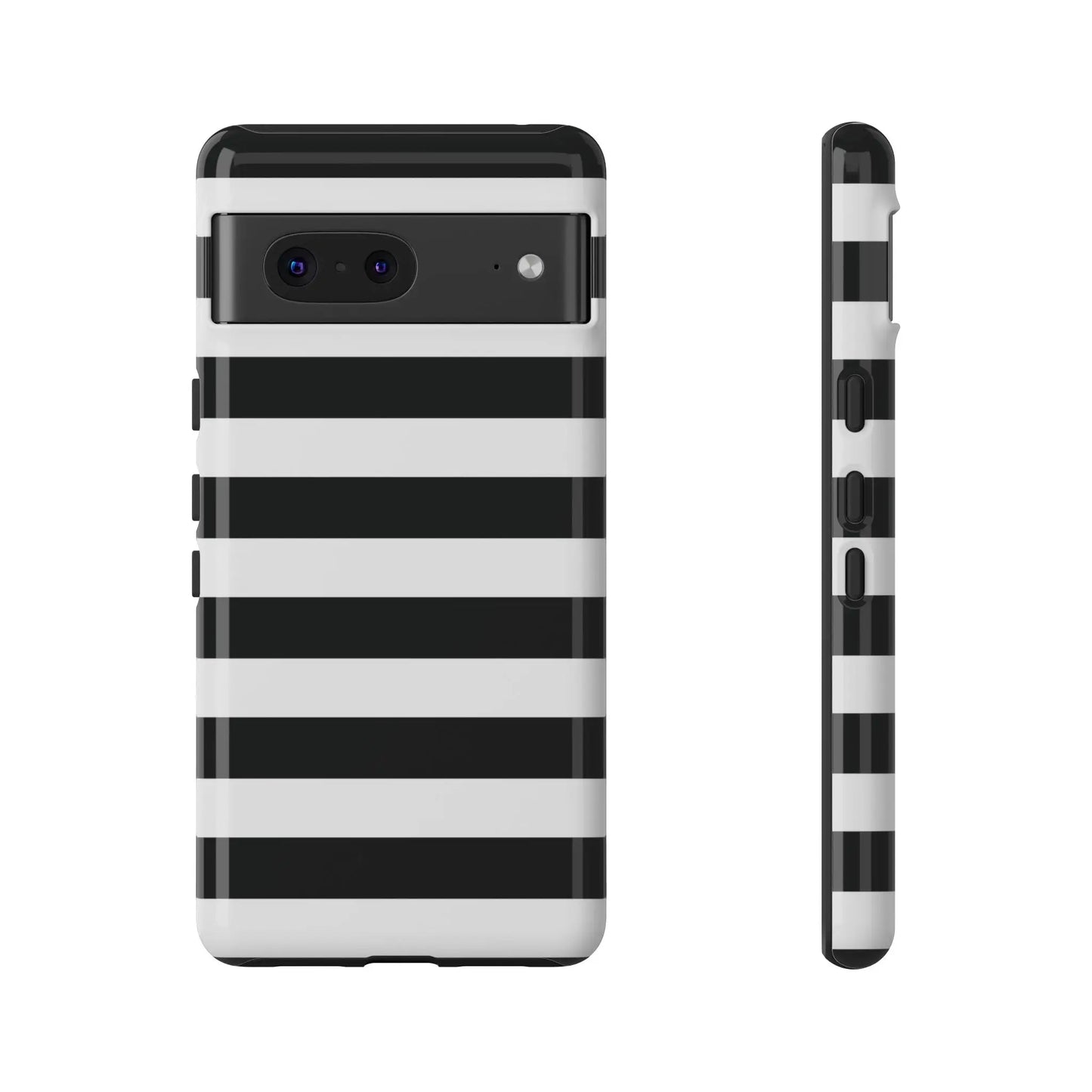 Black white stripe phone case with sleek modern design shown from the back for iphone samsung s and google pixel phones