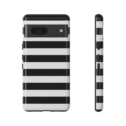 Black white stripe phone case with sleek modern design shown from the back for iphone samsung s and google pixel phones