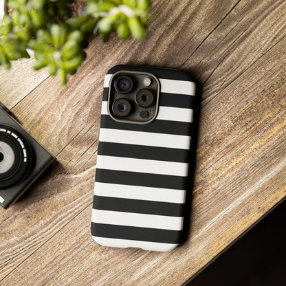 Back side of a black white stripe phone case with sleek modern design for iphone samsung s and google pixel phones