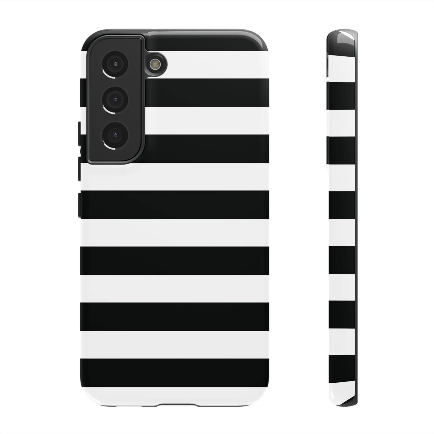 Black white stripe phone case for iPhone Samsung Google Pixel with sleek glossy finish shown from the back side