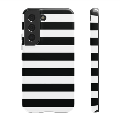 Black white stripe phone case for iPhone Samsung Google Pixel with sleek glossy finish shown from the back side