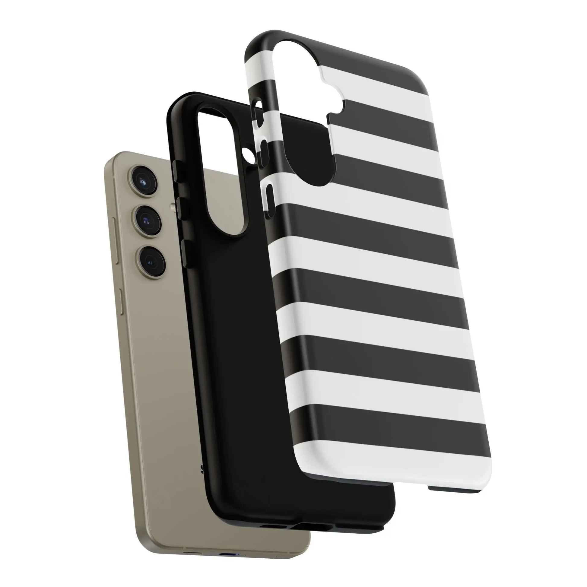 Black white stripe phone case with sleek modern design shown from the back for iphone samsung pixel phones