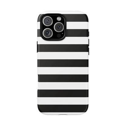 Black white stripe phone case with glossy finish shown from back for iphone samsung s and google pixel phones