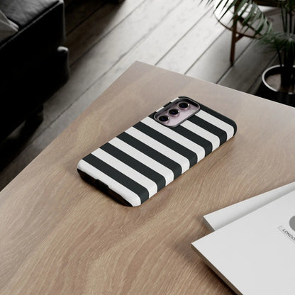 Back side of black white stripe phone case with sleek modern design for iphone samsung s and google pixel phones
