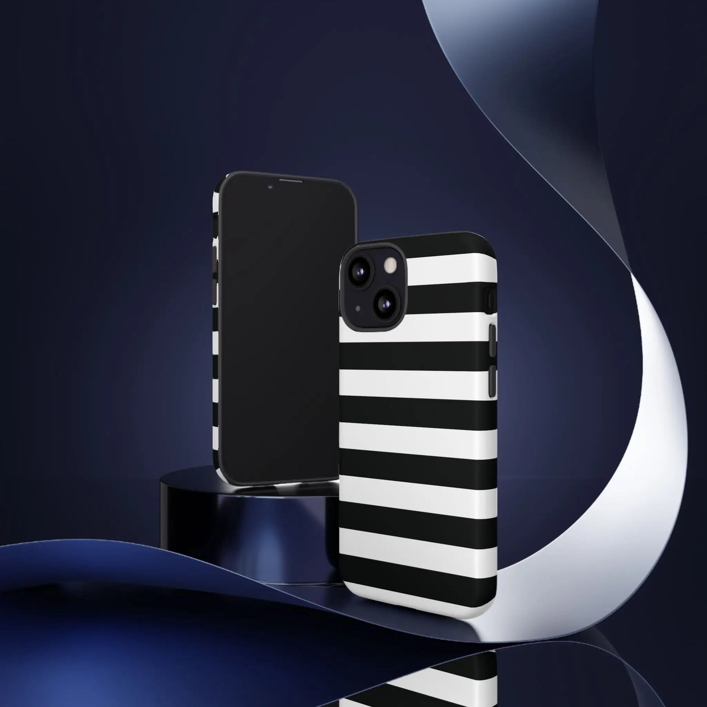 Black white stripe phone case with horizontal stripes shown from the back for iphone samsung s and google pixel phones