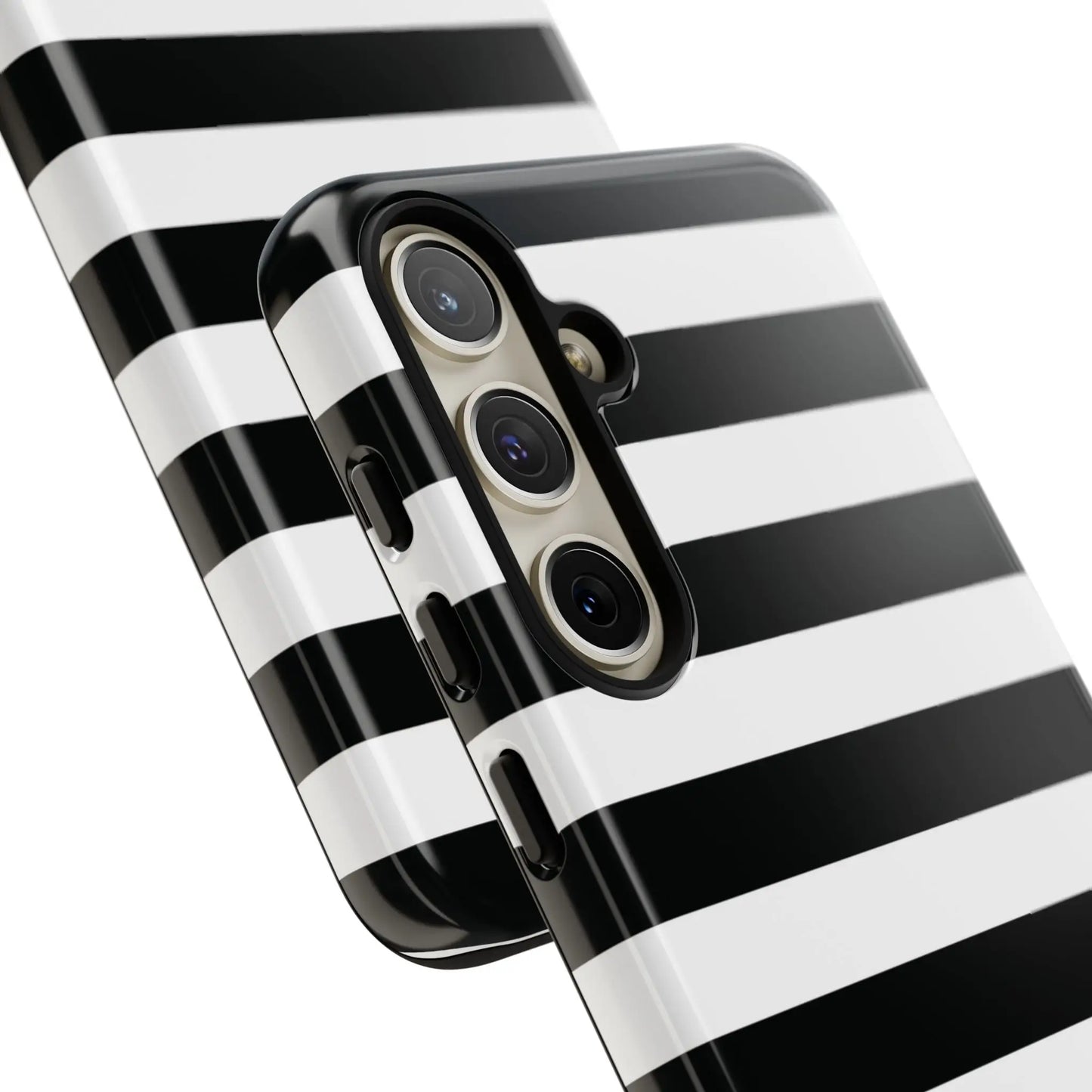 Black white stripe glossy phone case shown from the back for iphone samsung s and google pixel phones