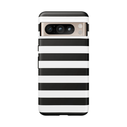 Black white stripe phone case with sleek modern design shown from the back for iphone samsung s and google pixel phones
