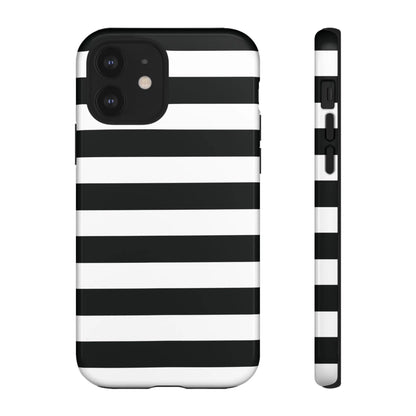 Black white stripe phone case for iphone samsung and google pixel showing sleek back with modern horizontal stripes