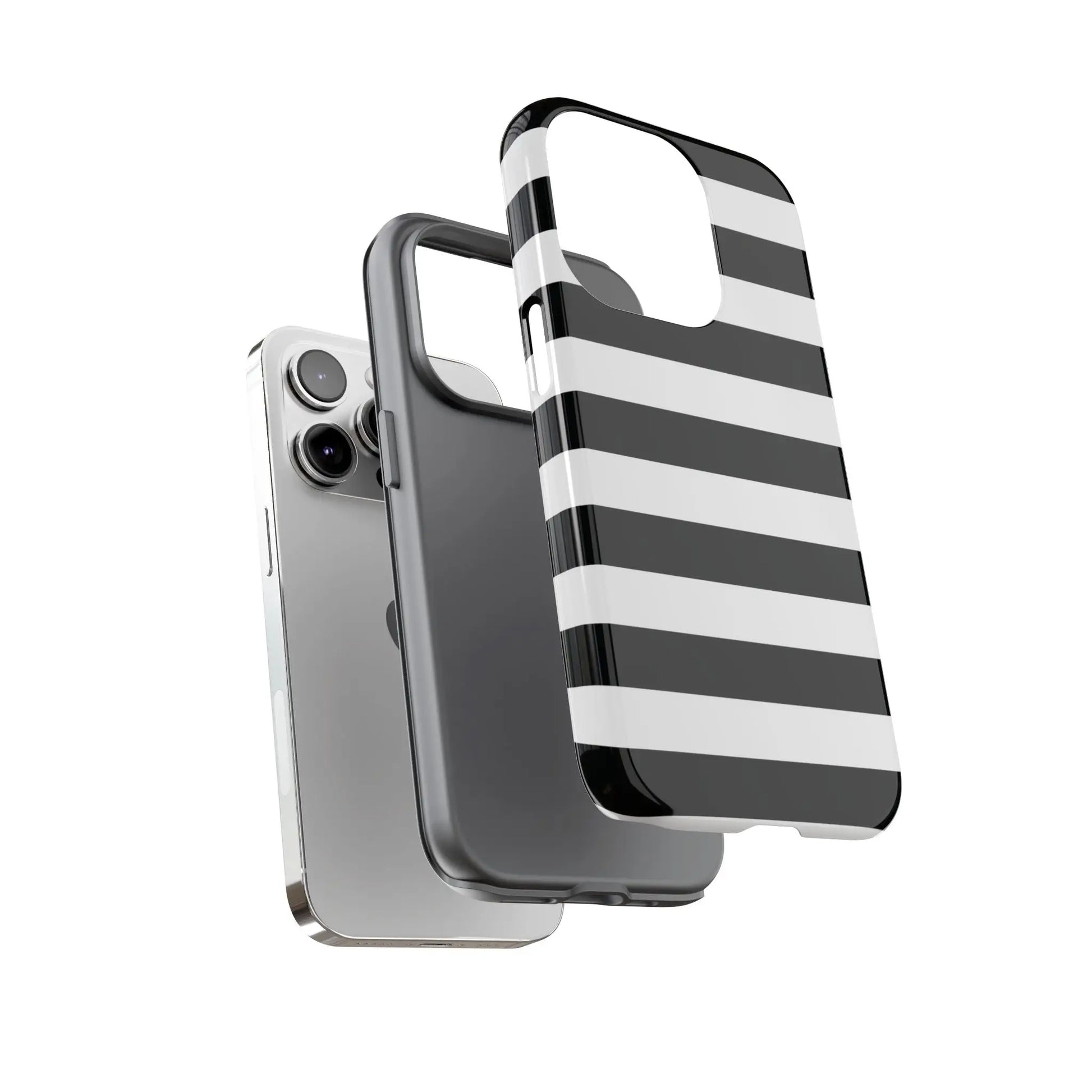 Black white stripe phone case with sleek modern design shown from back for iphone samsung s google pixel phones
