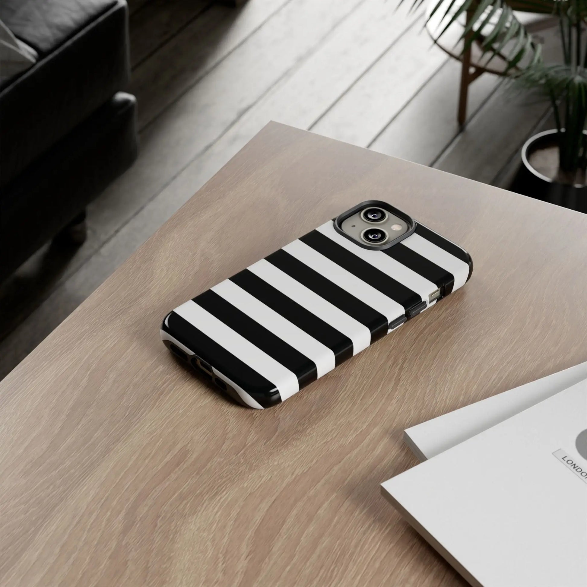 Black white stripe phone case for iphone samsung s and google pixel phones showing sleek back design