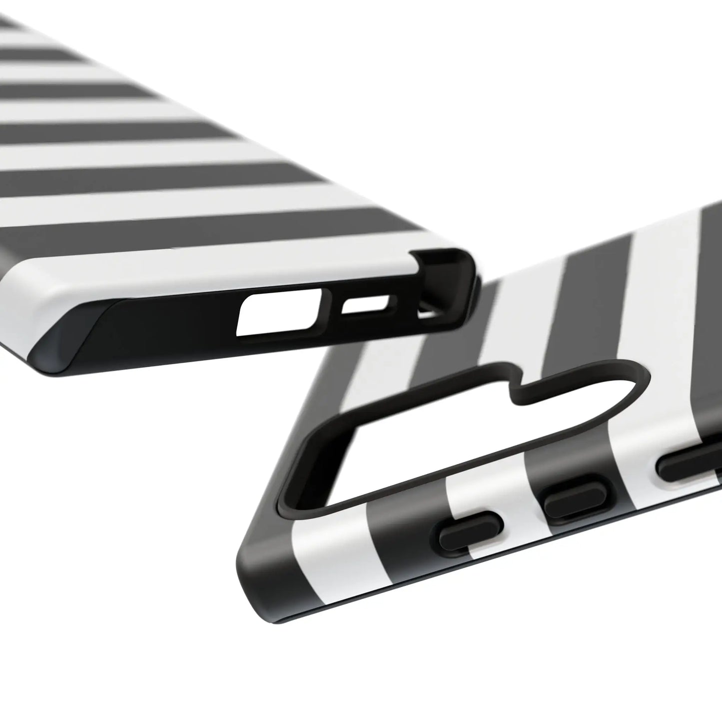 Black white stripe phone case with sleek modern design showing the back for iphone samsung s google pixel phones