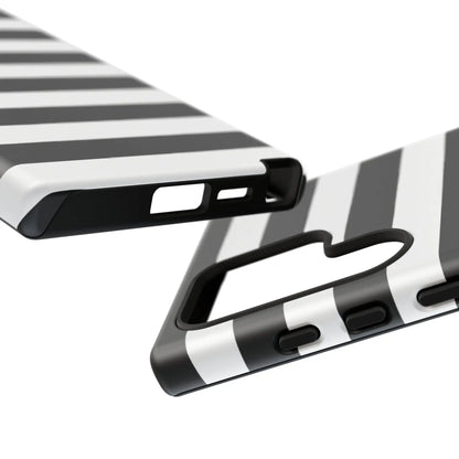 Black white stripe phone case with sleek modern design showing the back for iphone samsung s google pixel phones
