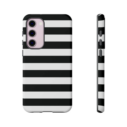 Black white stripe phone case with sleek modern design shown from the back for iphone samsung s and google pixel phones