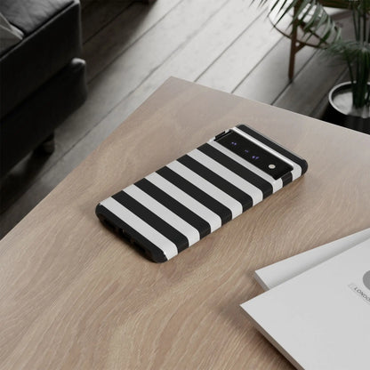 Back view of black white stripe phone case with sleek modern design for iphone samsung s and google pixel phones