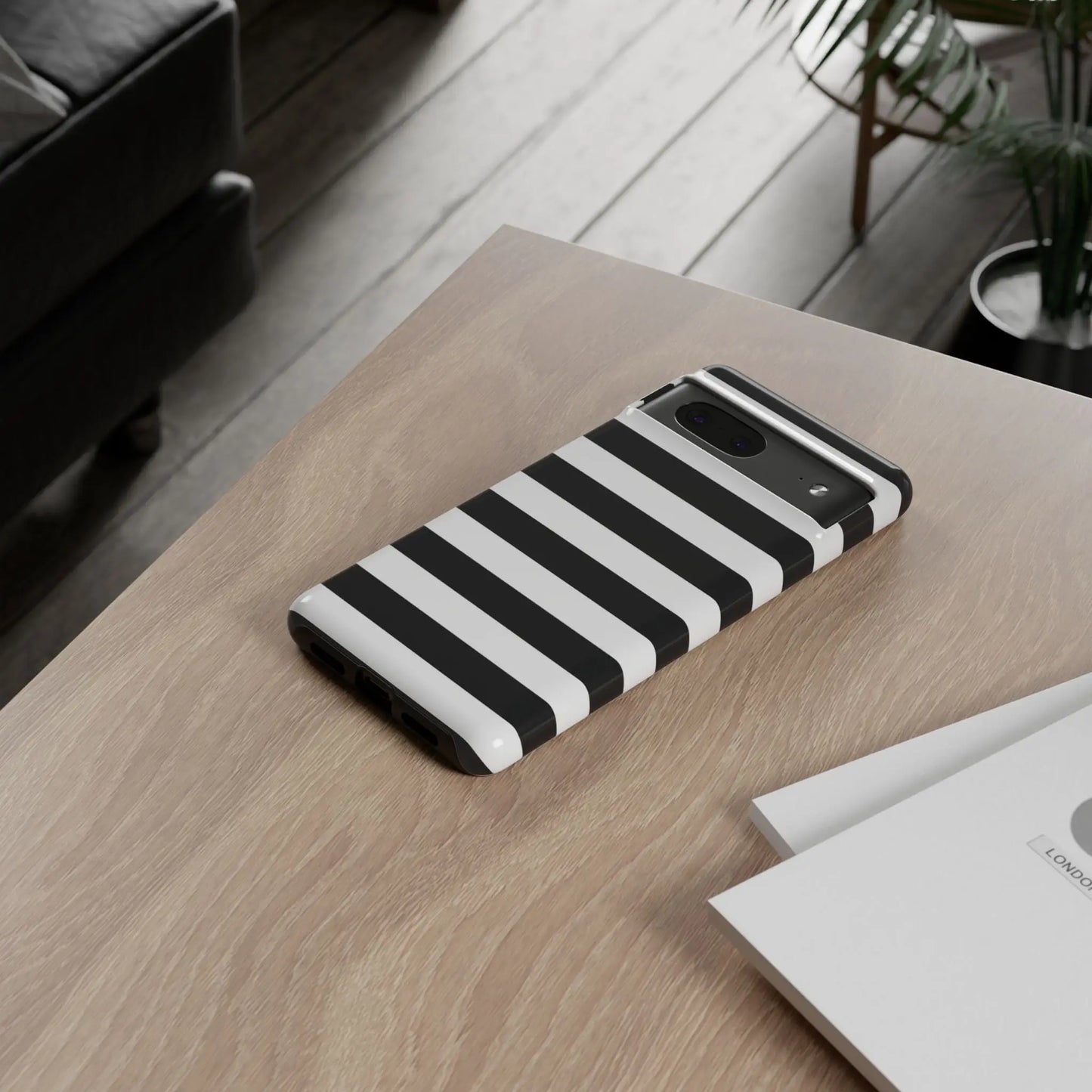 Black white stripe phone case showing the back side with sleek modern design for iphone samsung and google pixel phones