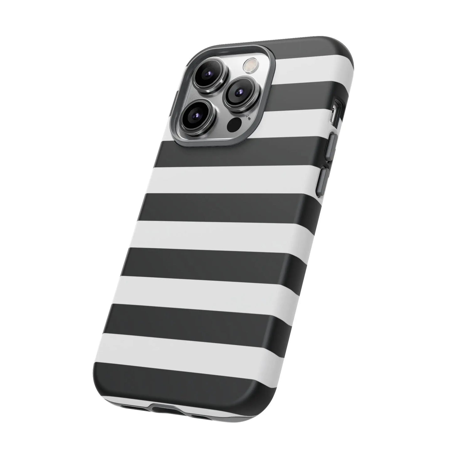 Back side of a sleek black white stripe phone case for iphone samsung s and google pixel phones