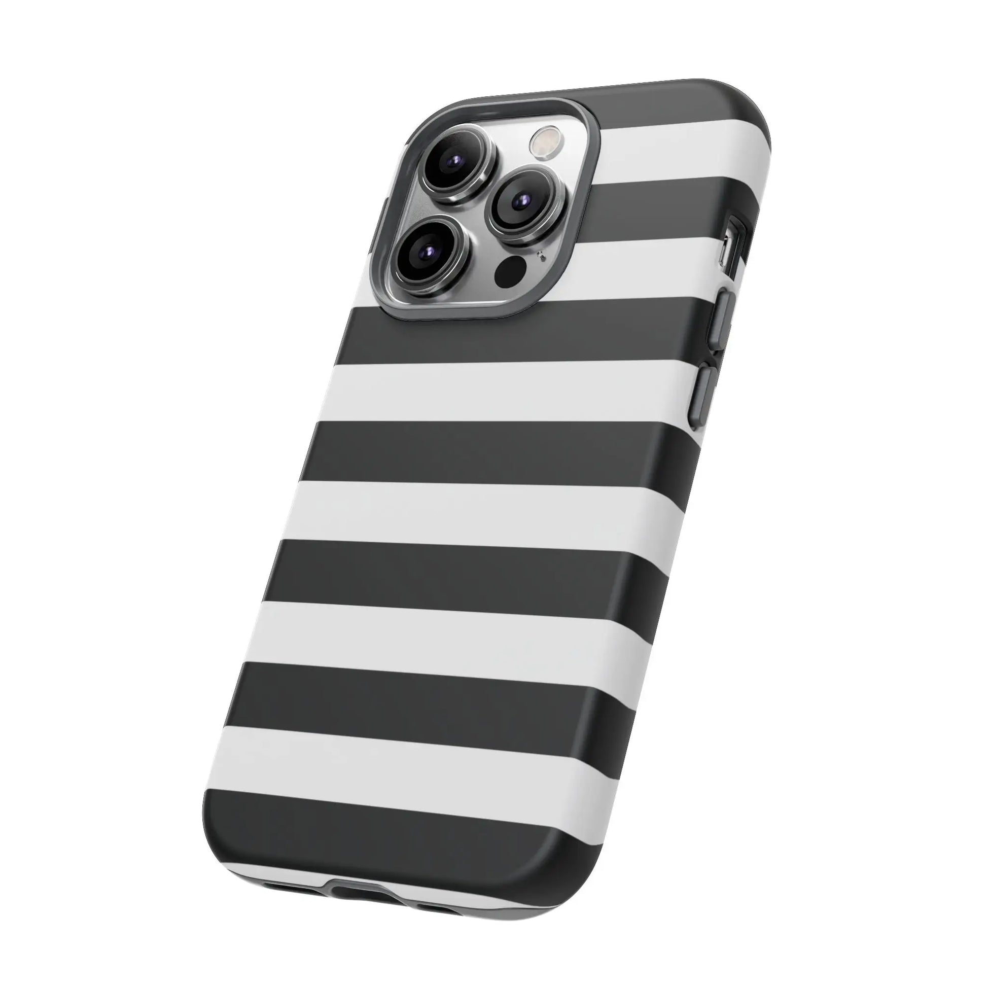 Back side of a sleek black white stripe phone case for iphone samsung s and google pixel phones