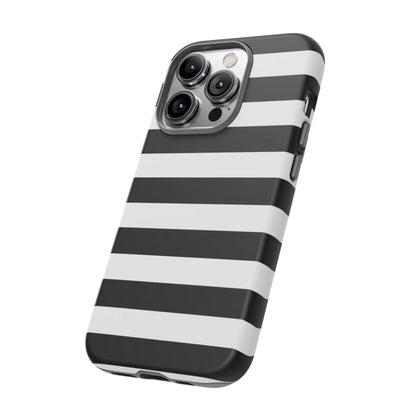 Back side of a sleek black white stripe phone case for iphone samsung s and google pixel phones