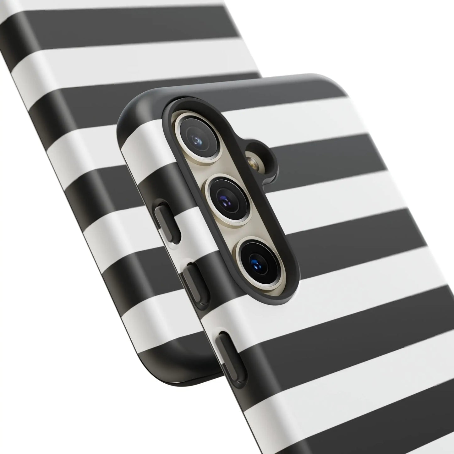 Black white stripe phone case for iphone samsung pixel phones showing back side with sleek modern design