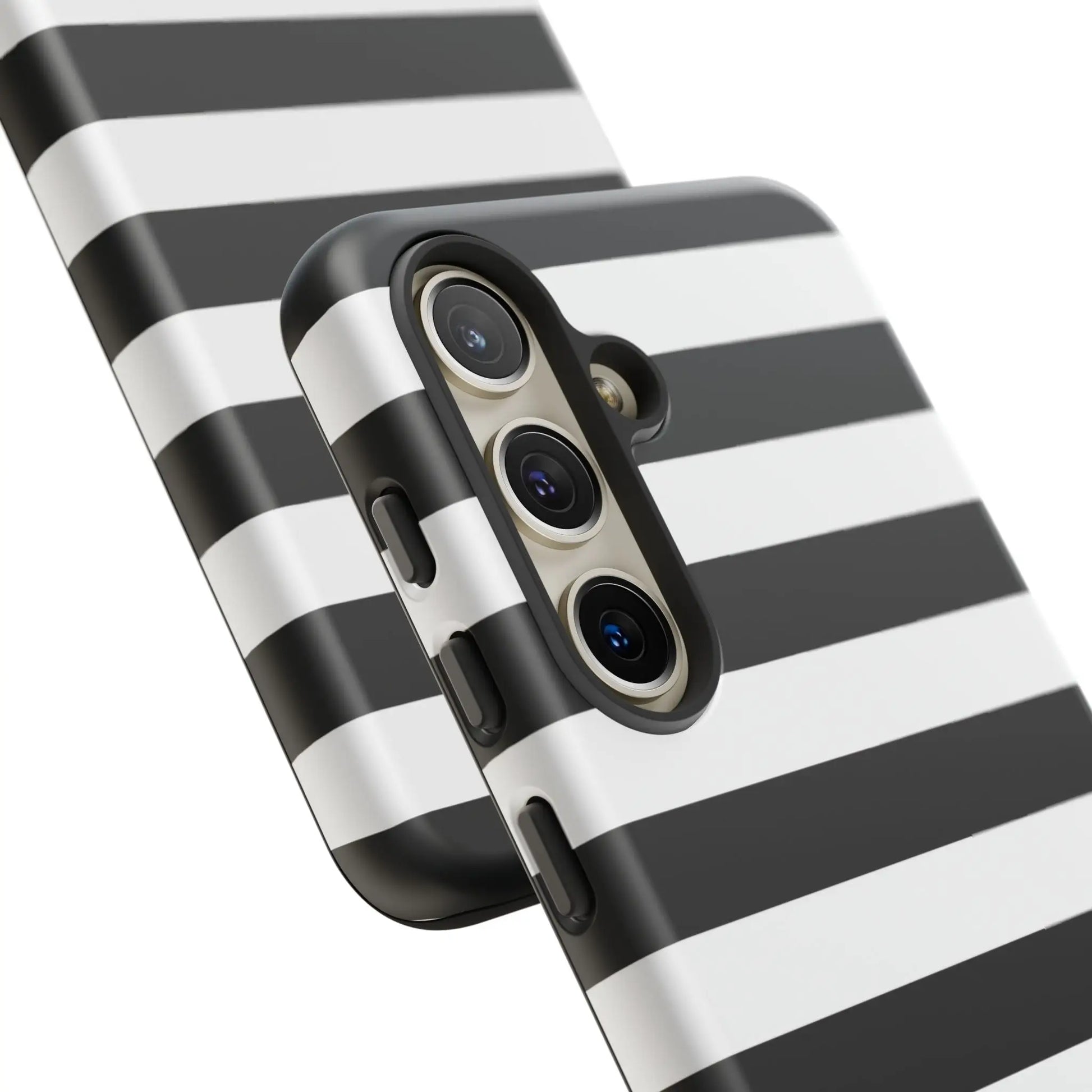 Black white stripe phone case for iphone samsung pixel phones showing back side with sleek modern design