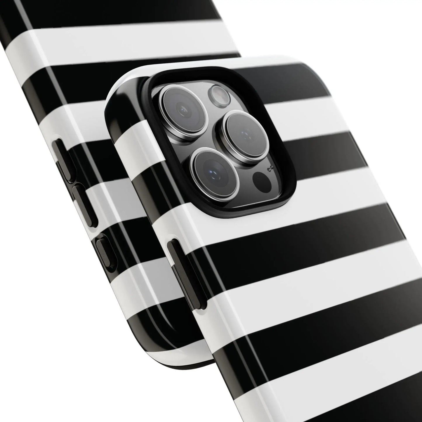 Image of the back side of a black white stripe phone case with glossy finish for iphone samsung s google pixel phones