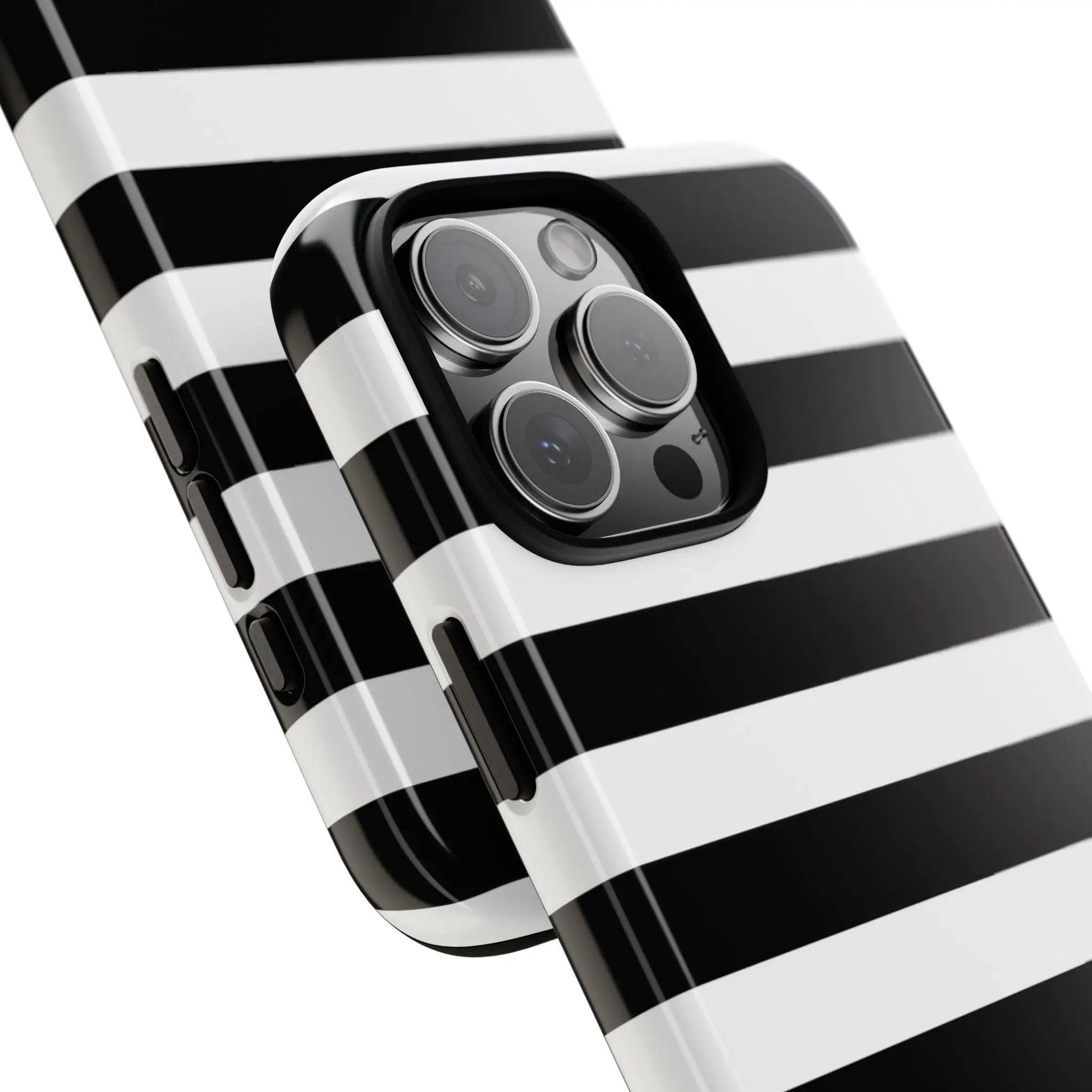 Image of the back side of a black white stripe phone case with glossy finish for iphone samsung s google pixel phones