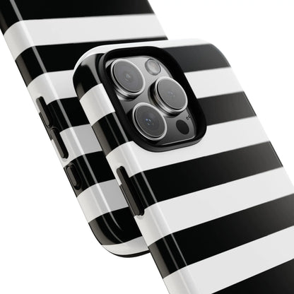 Image of the back side of a black white stripe phone case with glossy finish for iphone samsung s google pixel phones