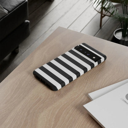 Black white stripe phone case with bold horizontal stripes shown from the back for iphone samsung pixel phones