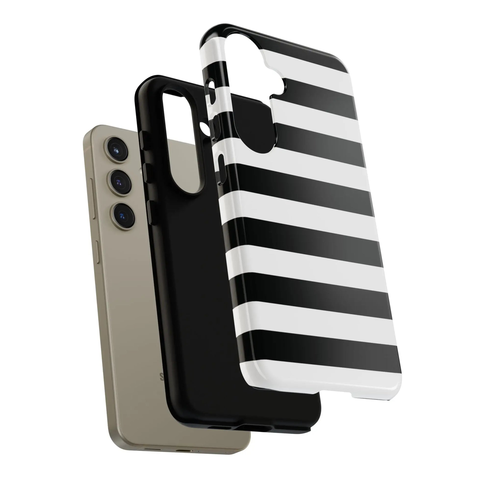 Black white stripe phone case for iphone samsung google pixel with glossy finish shown from the back side