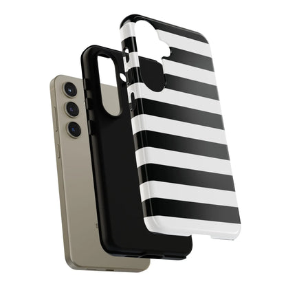 Black white stripe phone case for iphone samsung google pixel with glossy finish shown from the back side