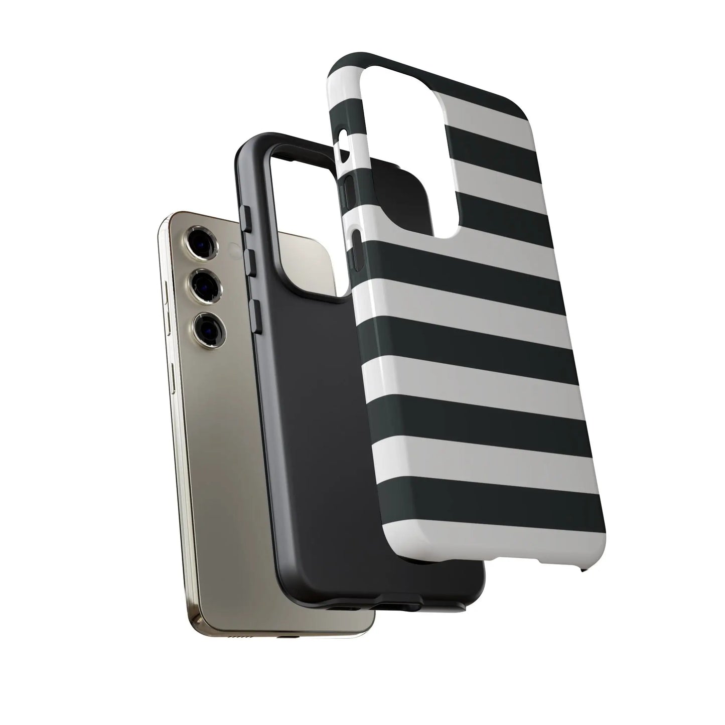 Black white stripe phone case with sleek modern design shown from the back for iphone samsung s google pixel phones
