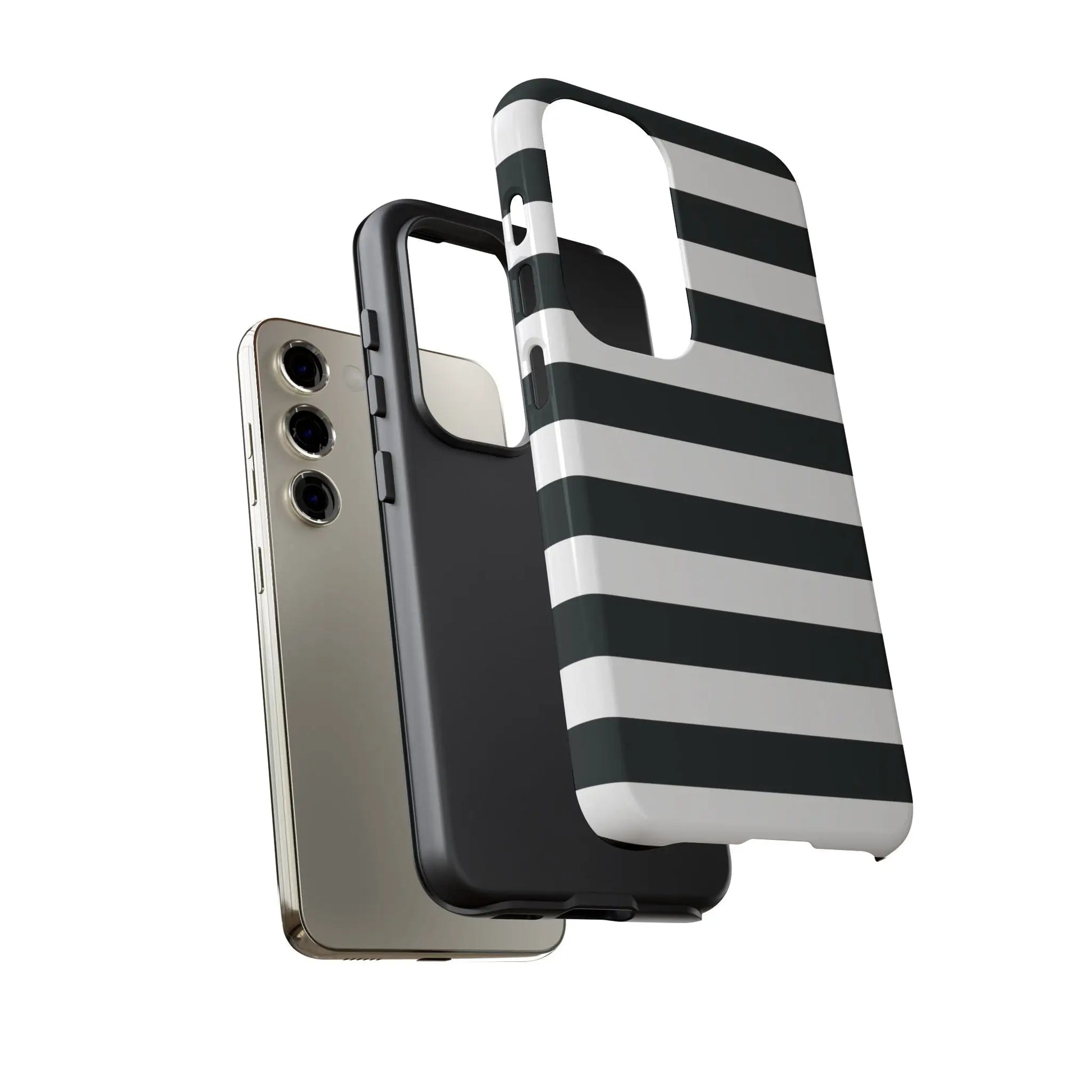 Black white stripe phone case with sleek modern design shown from the back for iphone samsung s google pixel phones