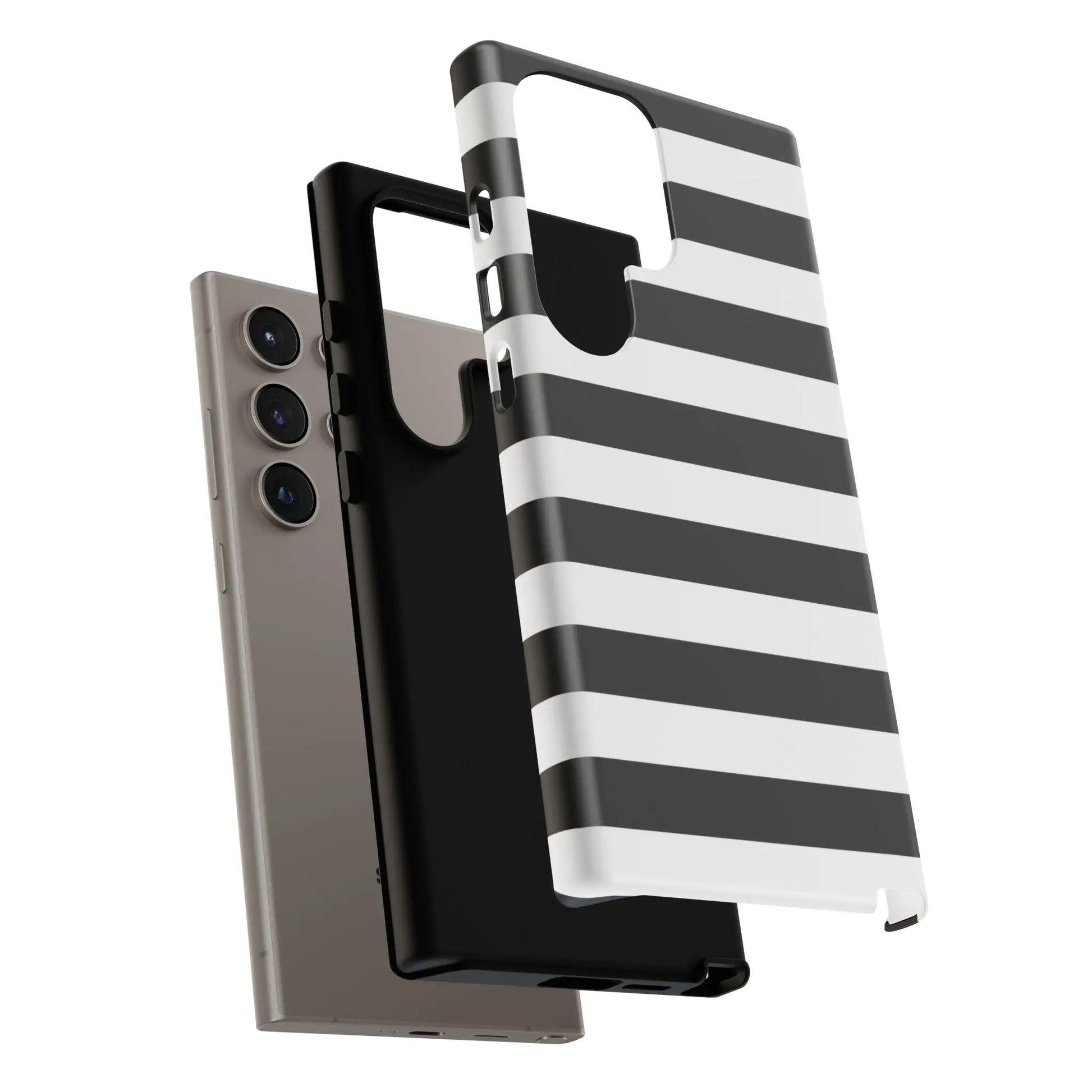 Black white stripe phone case with sleek modern design shown from the back for iphone samsung s and google pixel phones
