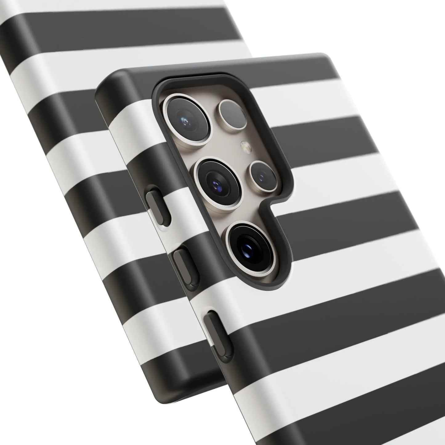 Back side of black white stripe phone case with sleek modern design for iphone samsung s and google pixel phones