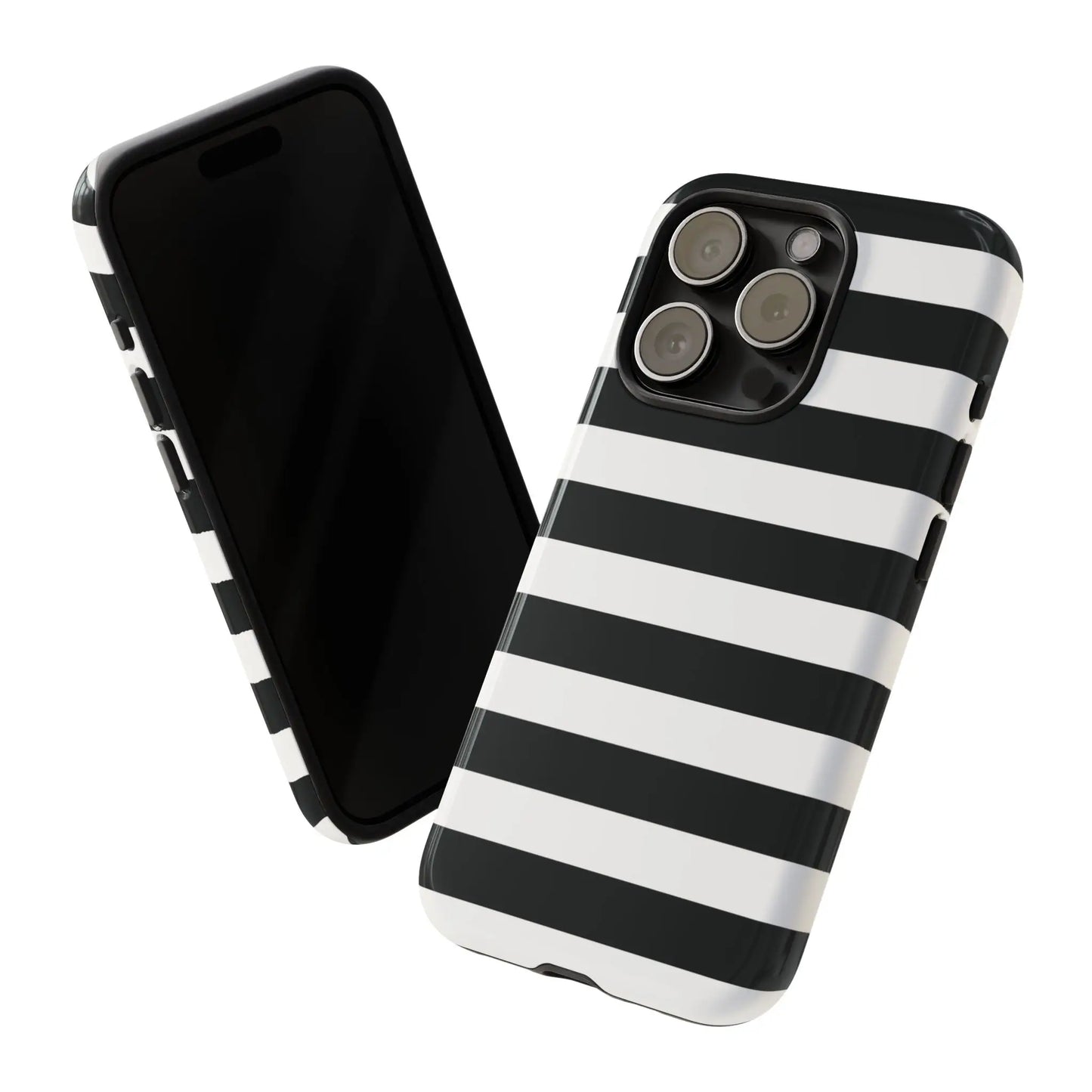 Back side of a black white stripe glossy phone case for iPhone Samsung S and Google Pixel phones