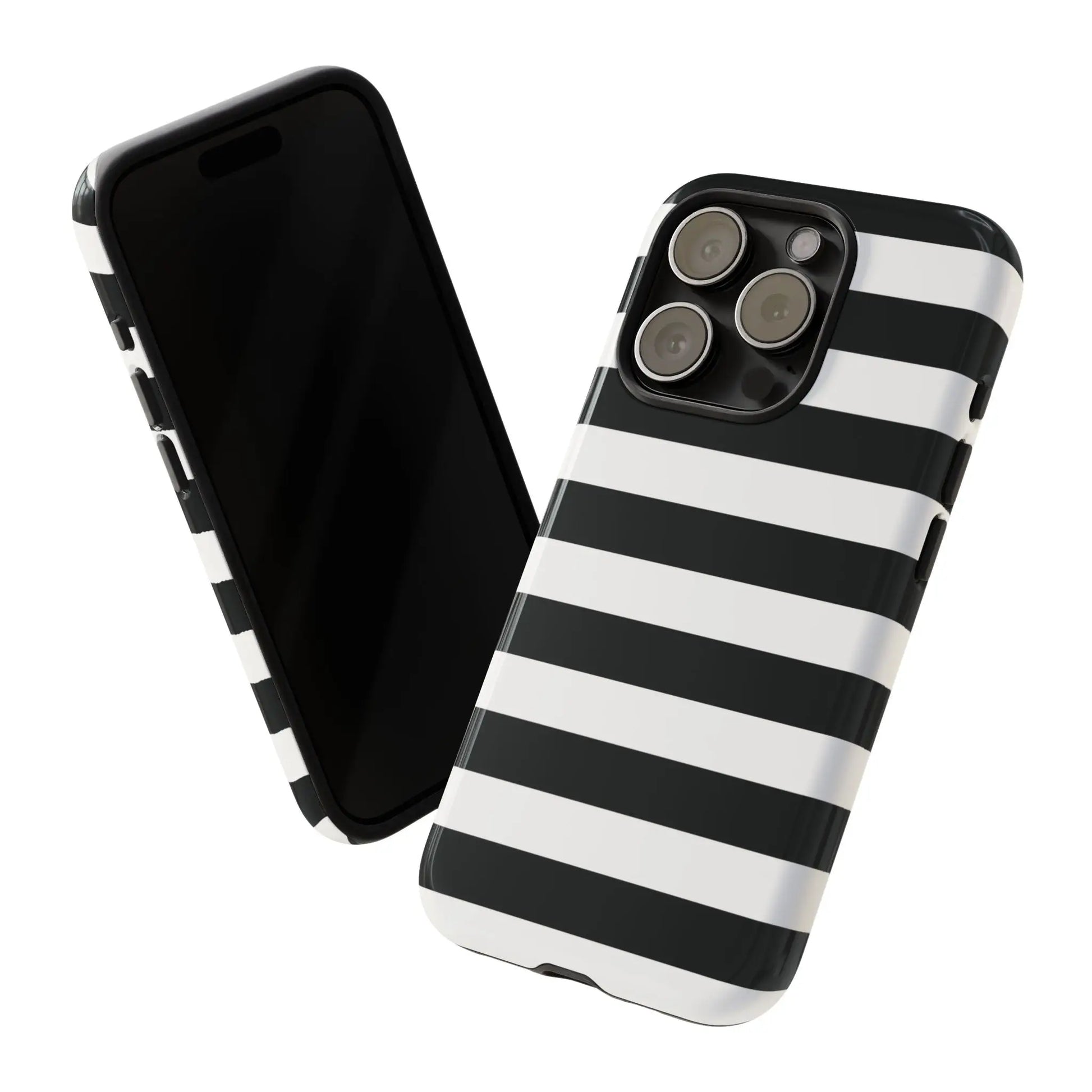 Back side of a black white stripe glossy phone case for iPhone Samsung S and Google Pixel phones