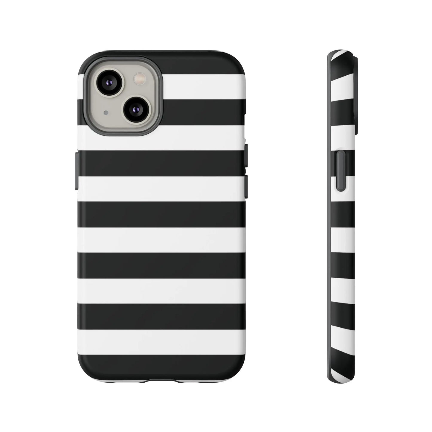 Back side of a black white stripe phone case with bold horizontal stripes for iphone samsung s google pixel phones