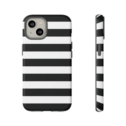 Back side of a black white stripe phone case with bold horizontal stripes for iphone samsung s google pixel phones