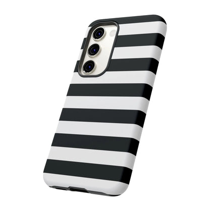 Black white stripe phone case showing the back side with a sleek modern design for iPhone Samsung and Google Pixel phones