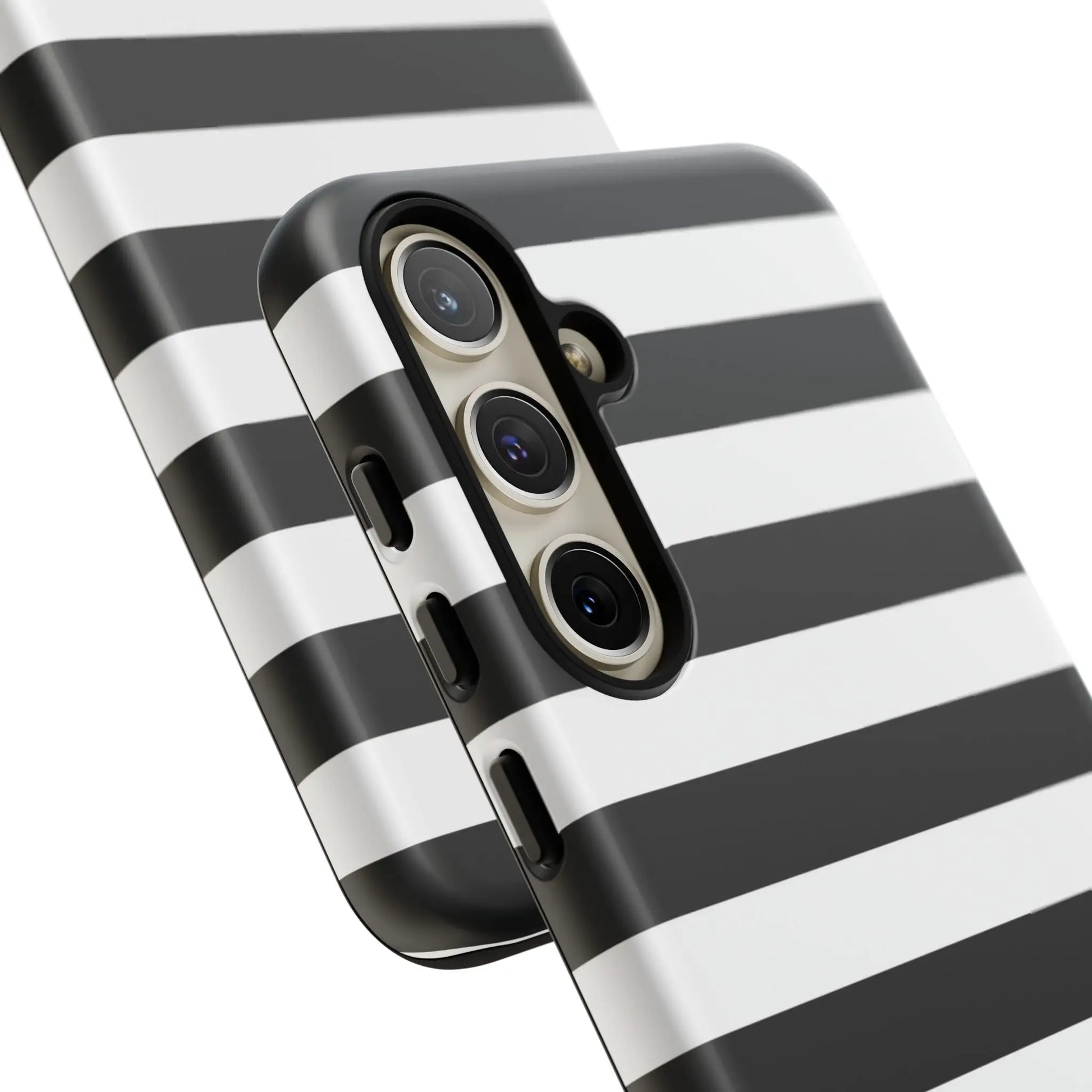 Black white stripe phone case in sleek modern design shown from the back for iphone samsung s and google pixel phones