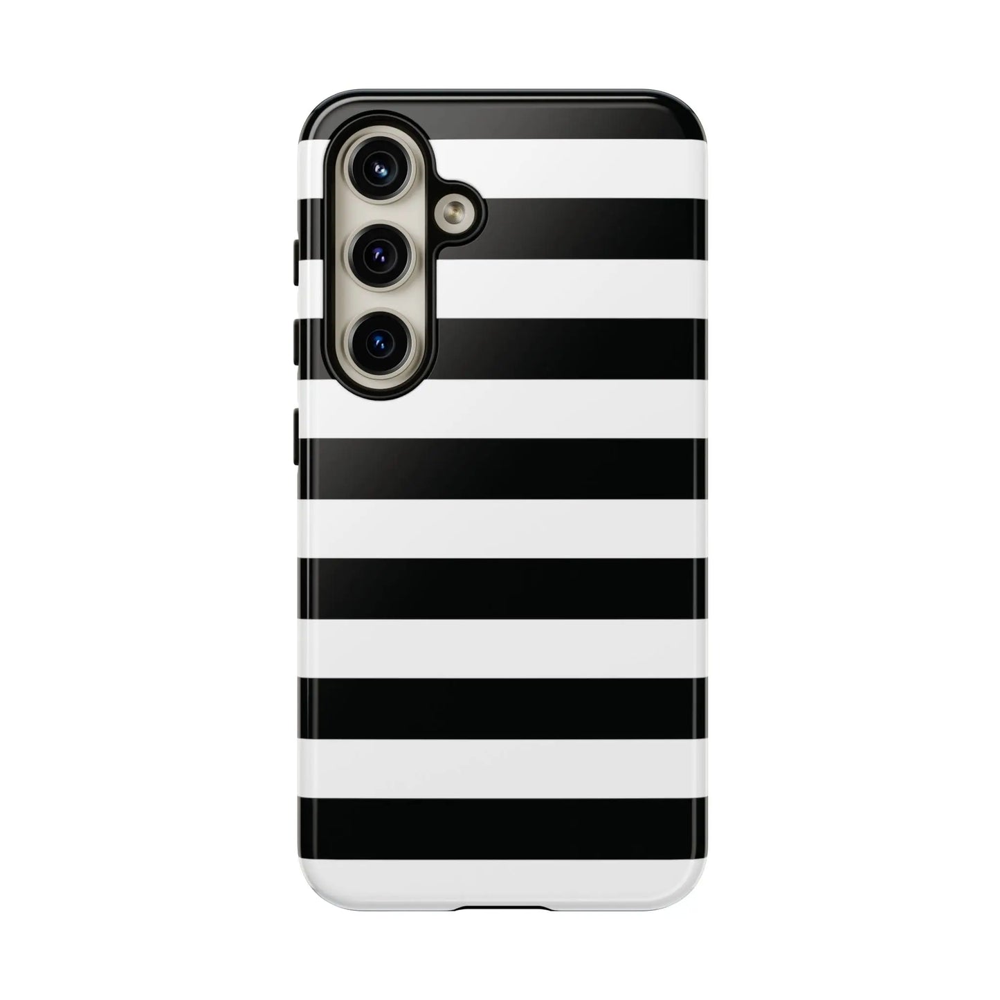 Black white stripe phone case with sleek modern design shown from the back for iphone samsung s google pixel phones