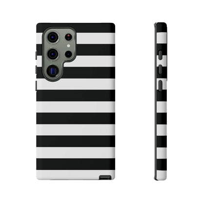 Back side of a black white stripe phone case with bold horizontal stripes for iphone samsung and google pixel phones