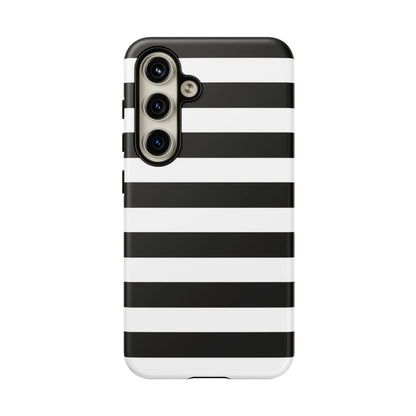 Black white stripe phone case for iphone samsung s google pixel showing sleek modern design on the back side
